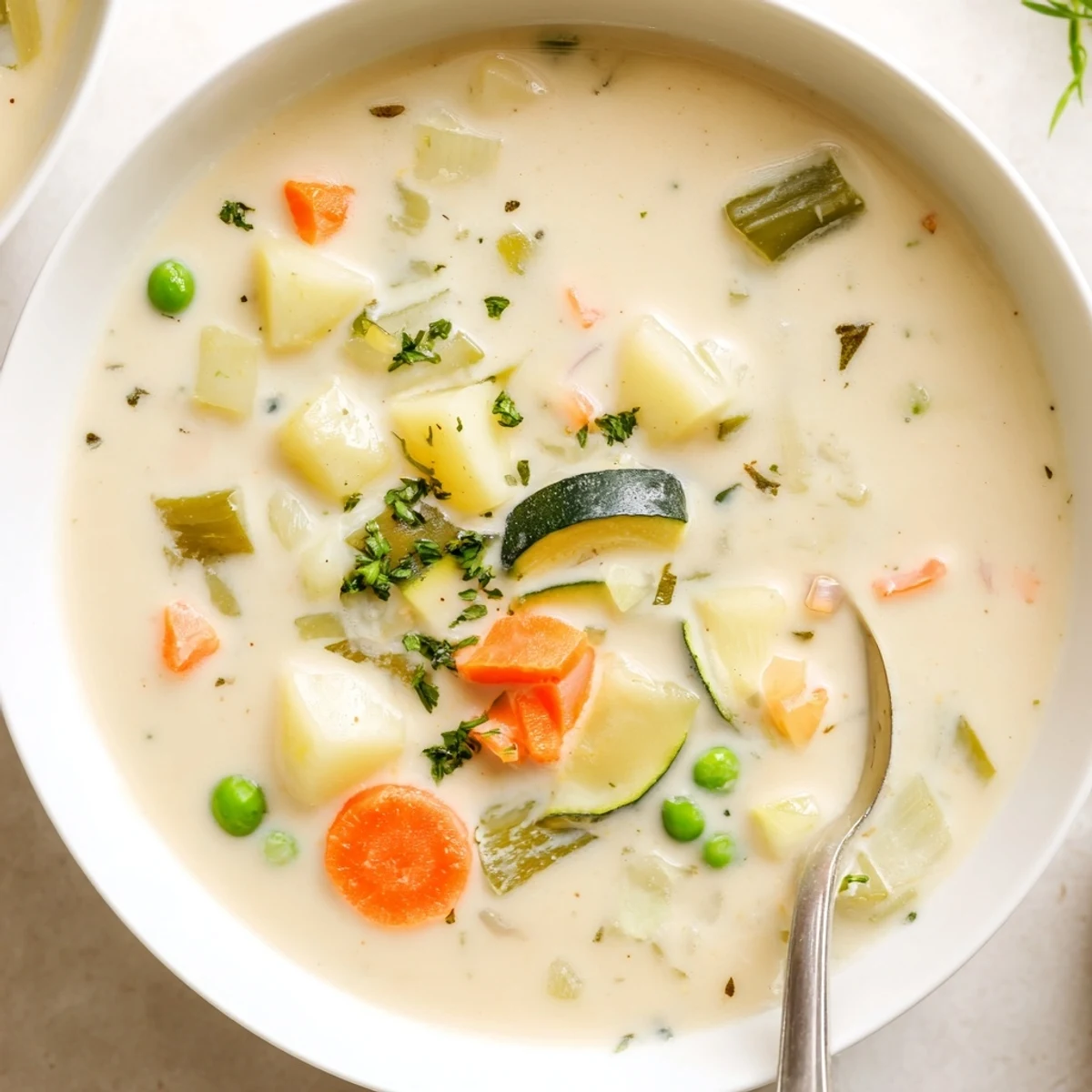 Warm bowl of Creamy Vegetable Soup Recipe served with crusty bread for dipping