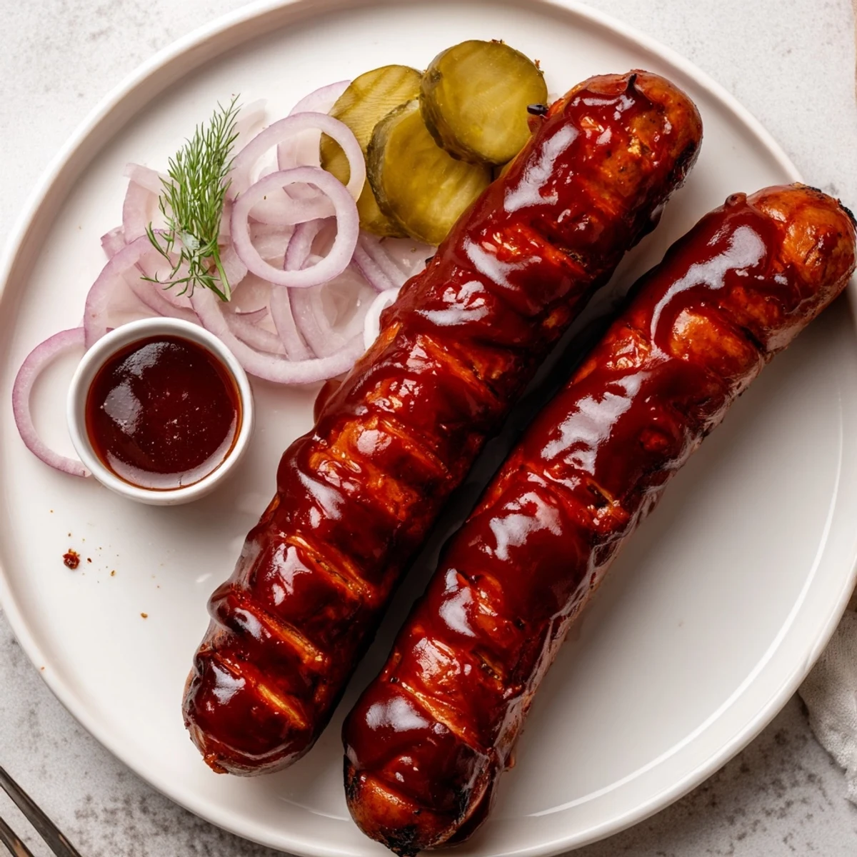 BBQ Sausage Recipe: charred, glossy links brushed with tangy sauce on grill