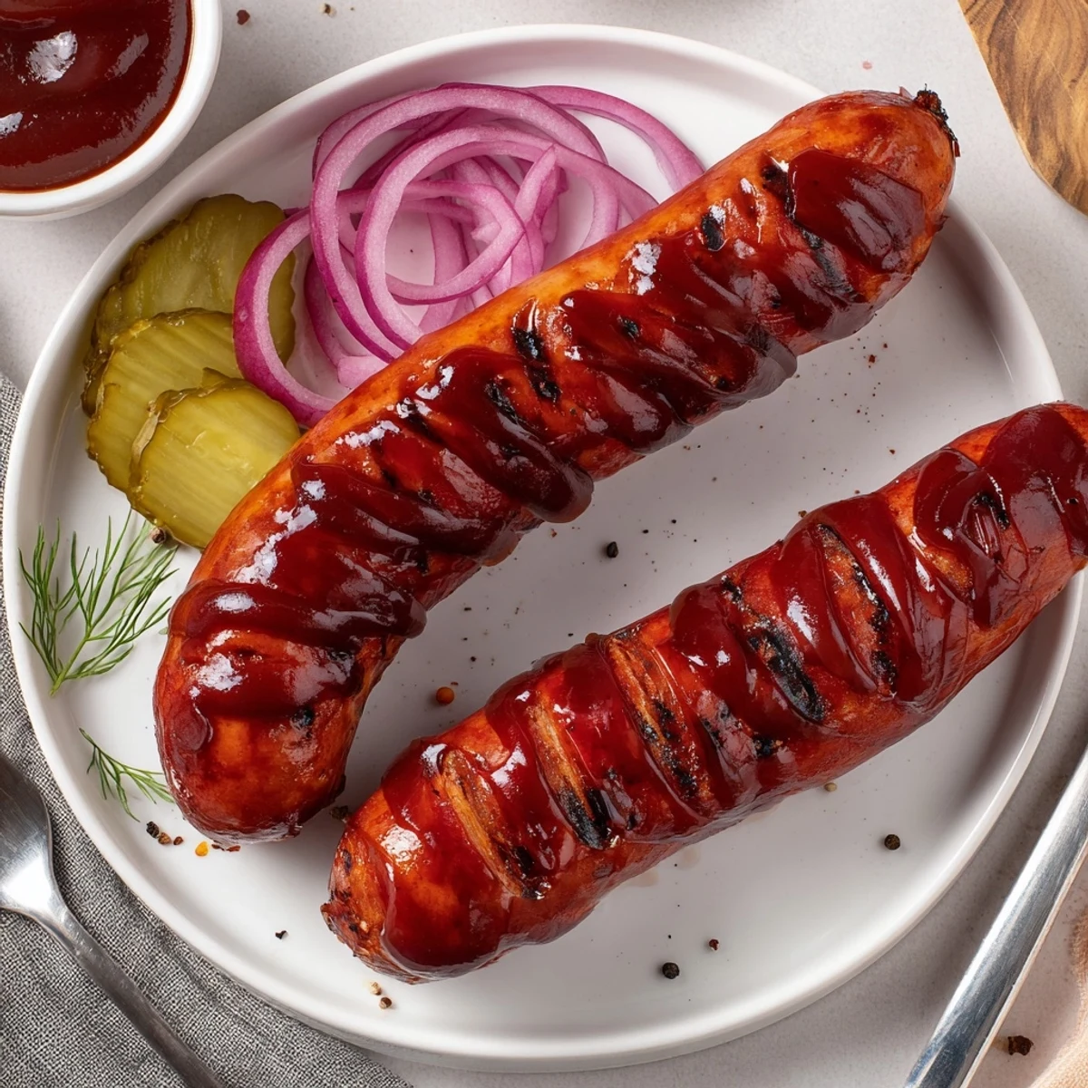 Smoky BBQ Sausage Recipe served in toasted buns with pickles and coleslaw