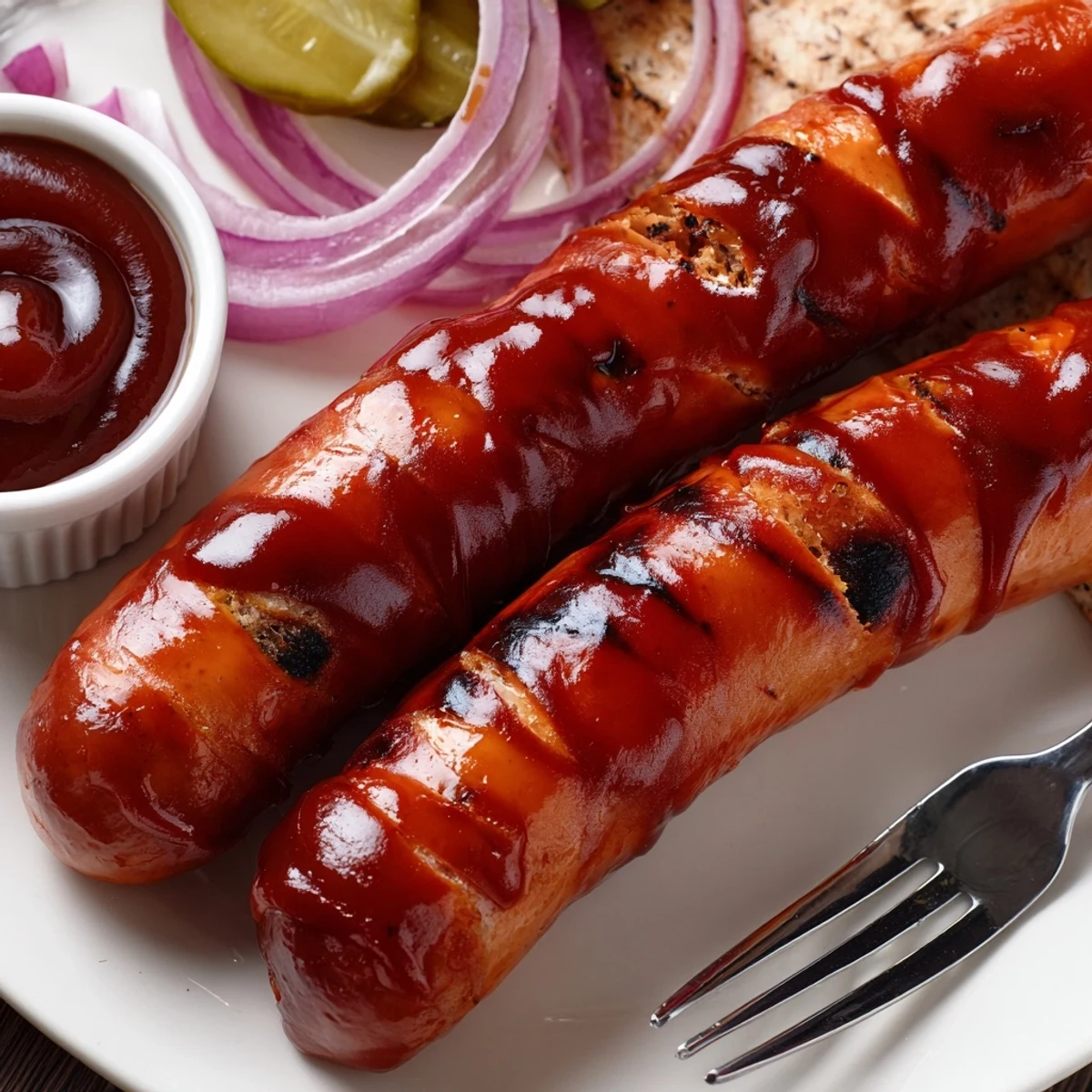 Home-grilled BBQ Sausage Recipe caramelized with brown sugar glaze, steaming on plate