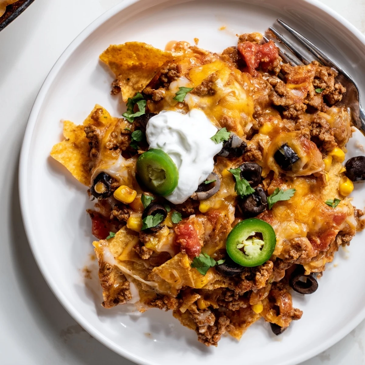 Cheesy Nacho Casserole bubbling golden with crunchy chips, melted cheese, and cilantro.