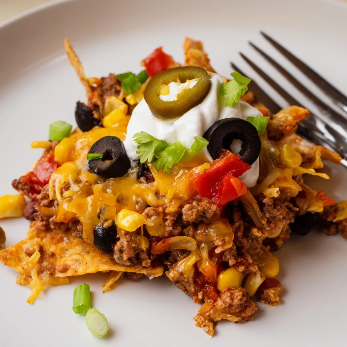 Cheesy Nacho Casserole served hot from oven, crispy edges, gooey cheese pull.