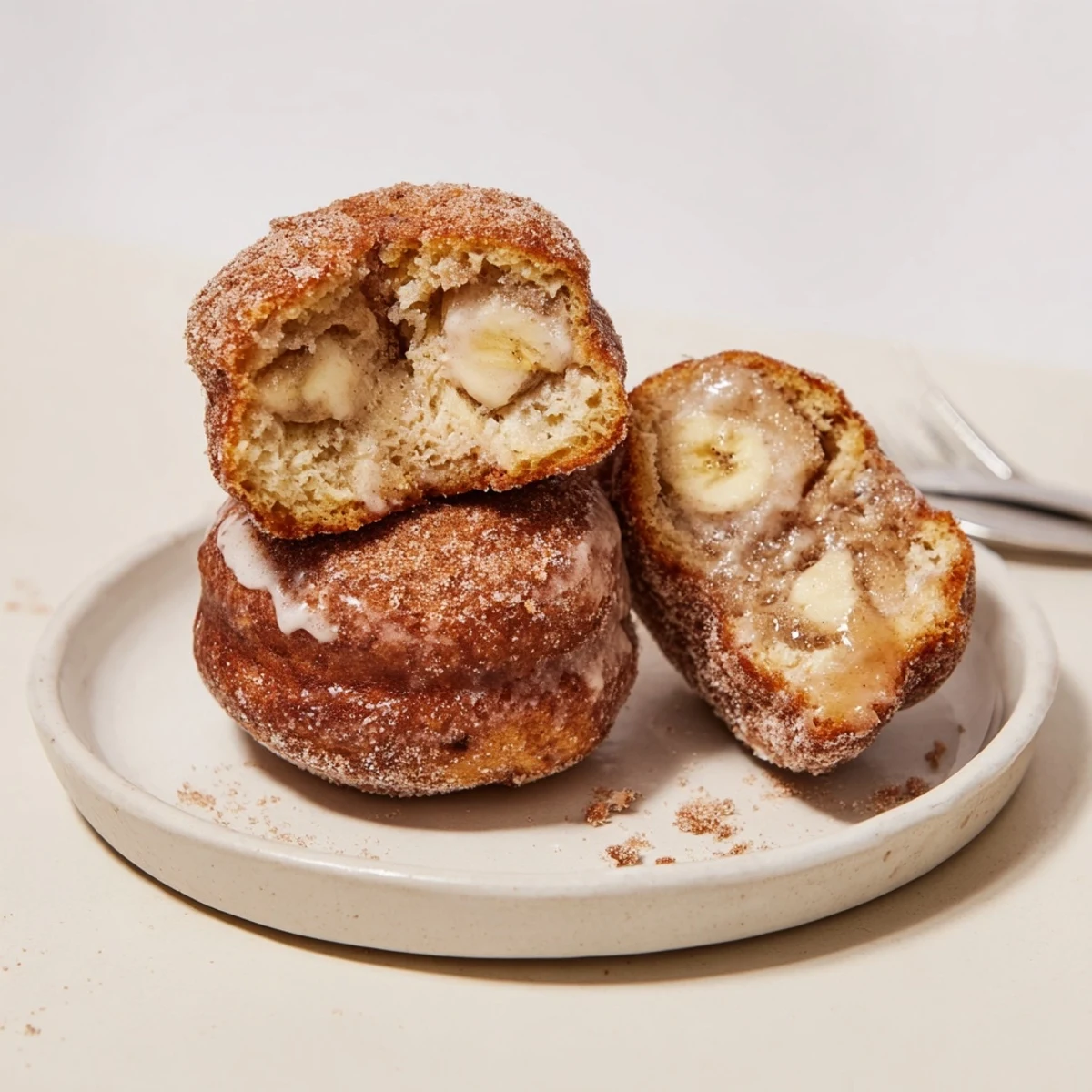 Warm Banana Donuts glazed and stacked on a wire rack, golden