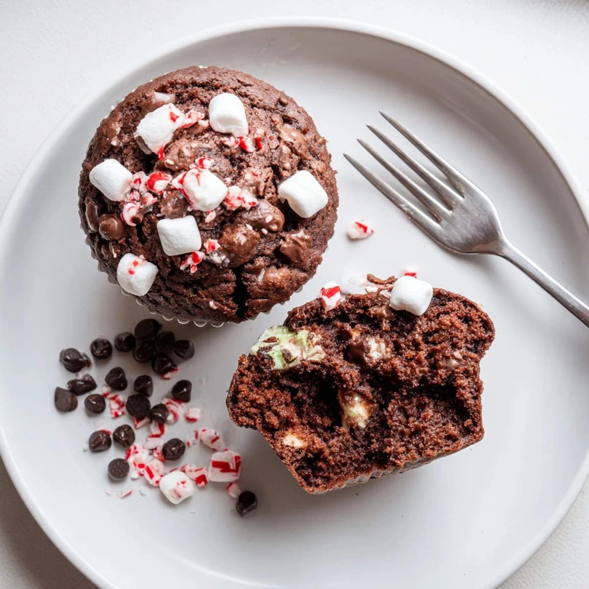Peppermint Hot Chocolate Muffins steaming on a rack, chocolate chips glistening