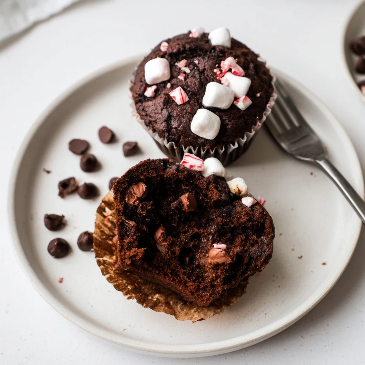 Bite revealing fudgy center in Peppermint Hot Chocolate Muffins next to mug