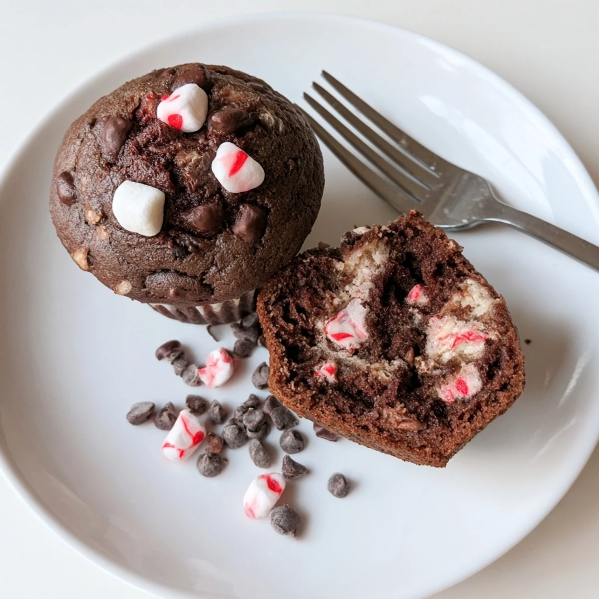 Warm Peppermint Hot Chocolate Muffins topped with marshmallows and crushed peppermint