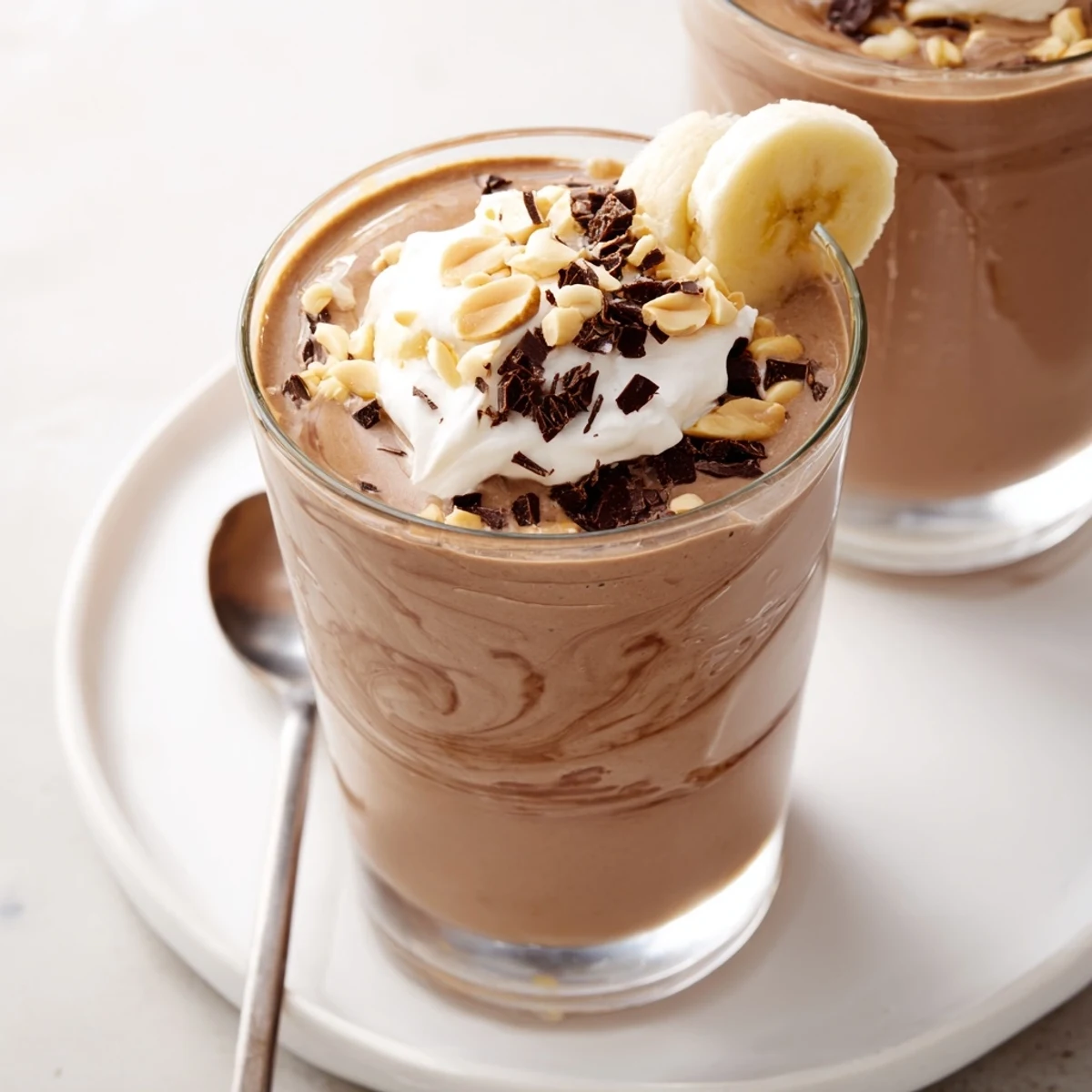 Chocolate Peanut Butter Smoothie in tall glass, silky texture, peanut butter drizzle
