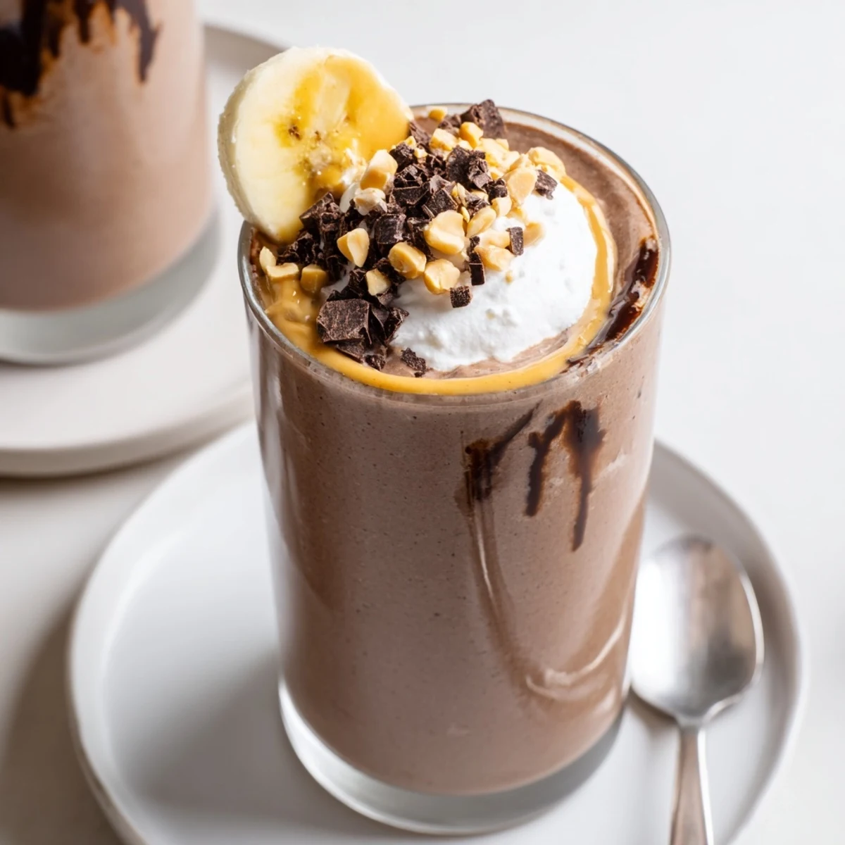 Chocolate Peanut Butter Smoothie topped with whipped cream and chocolate shavings