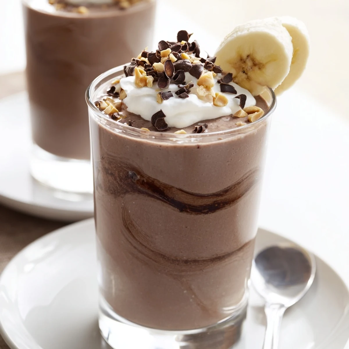 Chocolate Peanut Butter Smoothie poured from blender into two chilled glasses, frothy