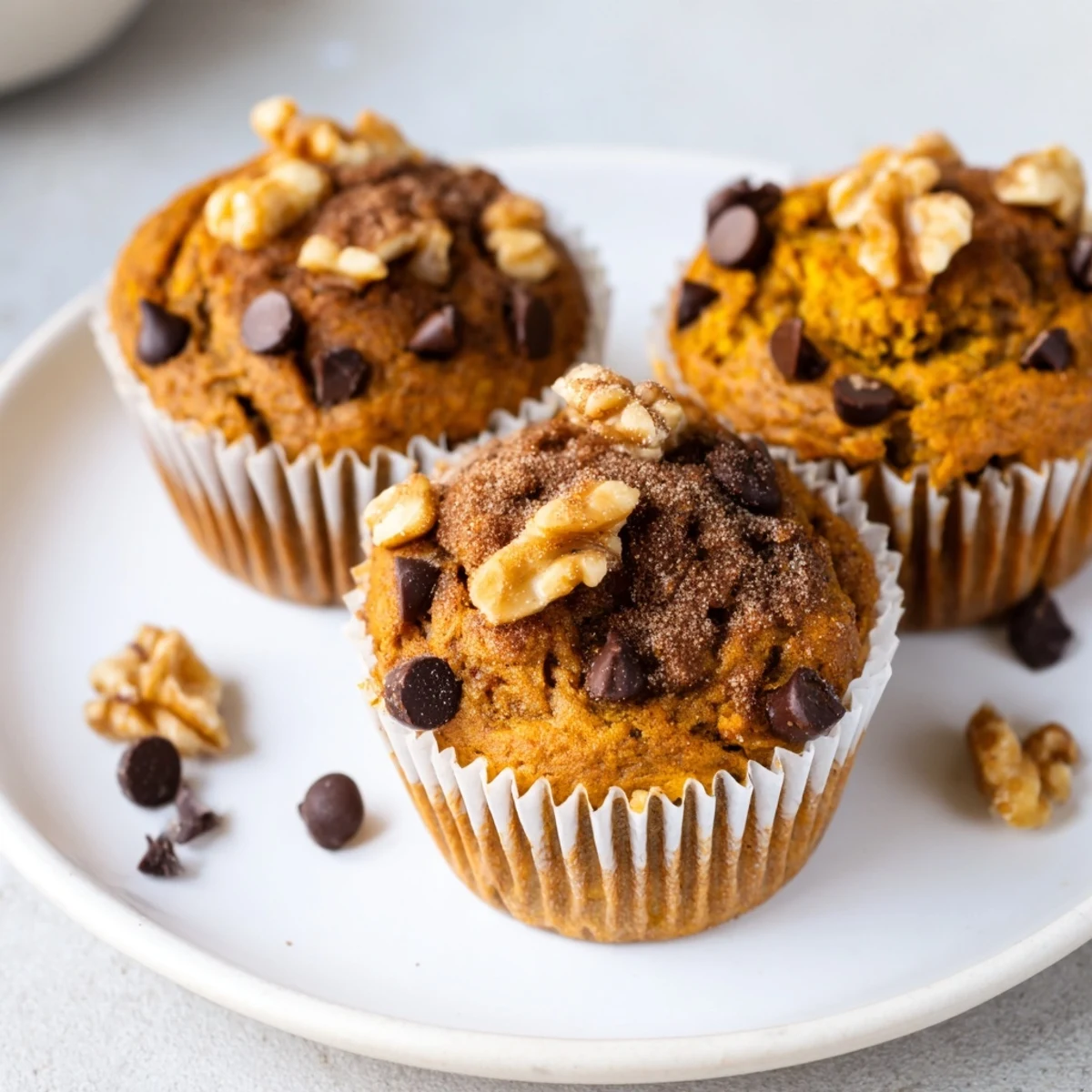Fresh-baked Pumpkin Banana Muffins topped with cinnamon sugar, moist crumb inside.