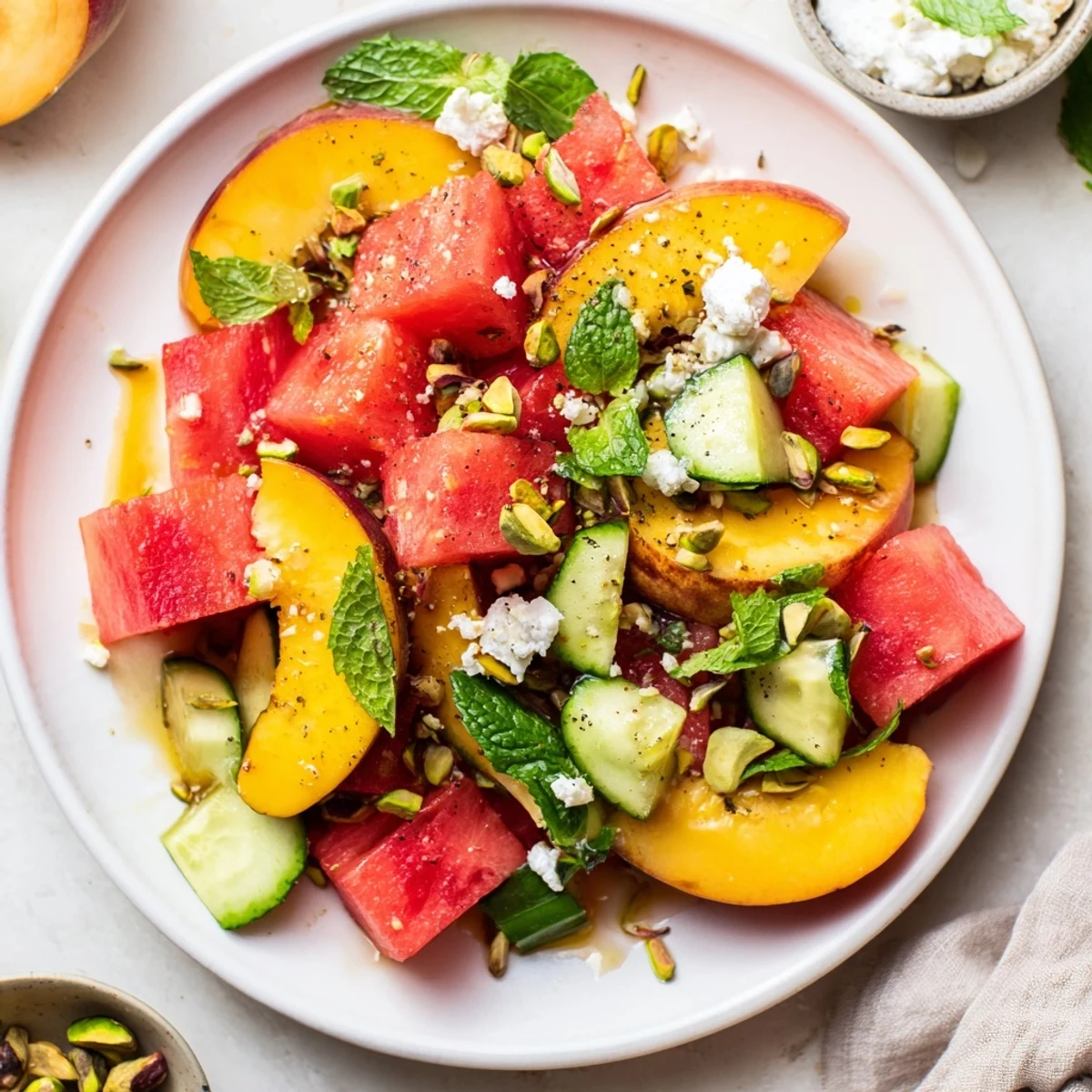 Summer Peach Watermelon Salad with crumbled feta, mint, and honey-lime dressing