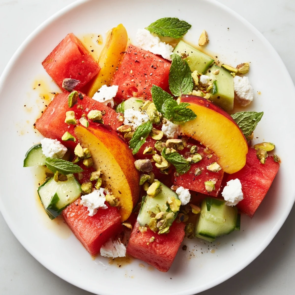 Chilled Summer Peach Watermelon Salad plated with toasted pistachios and bright basil