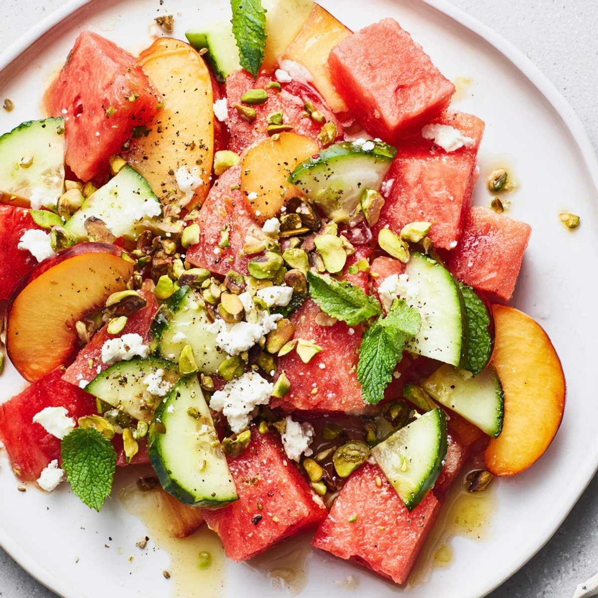 Vibrant Summer Peach Watermelon Salad topped with torn mint and honey-lime drizzle