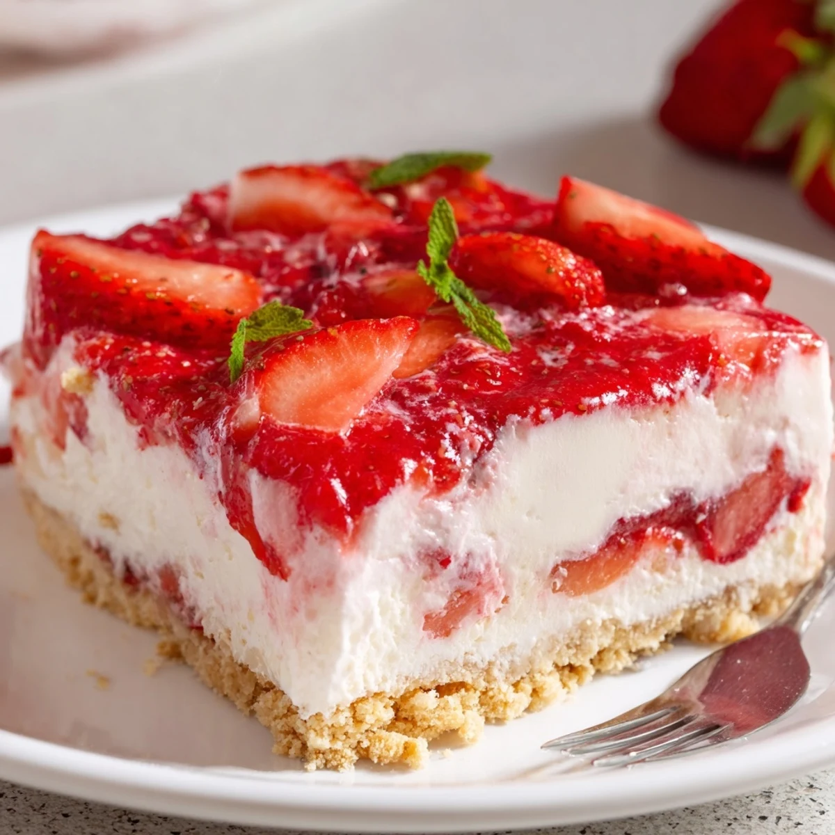 No Bake Strawberry Shortcake Dessert layered with creamy filling and macerated strawberries