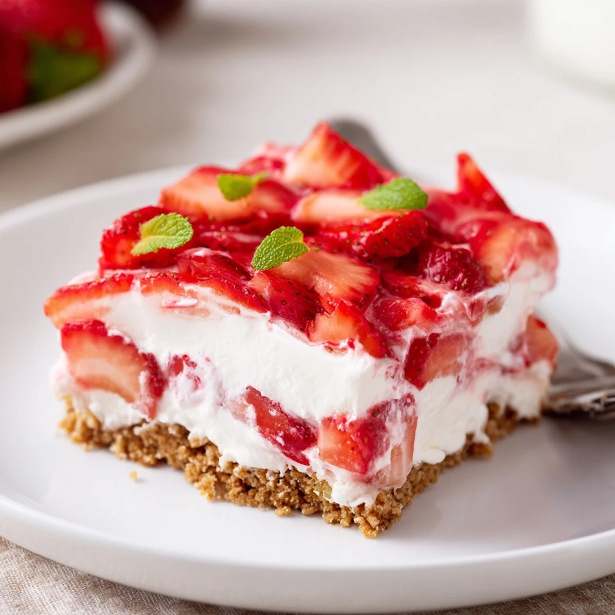 Chilled No Bake Strawberry Shortcake Dessert in a glass dish, garnished with mint