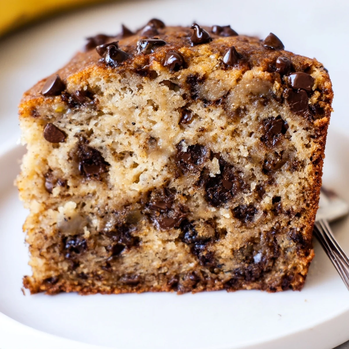 Banana Chocolate Chip Cake Recipe: moist golden crumb, melted chips, cooling rack