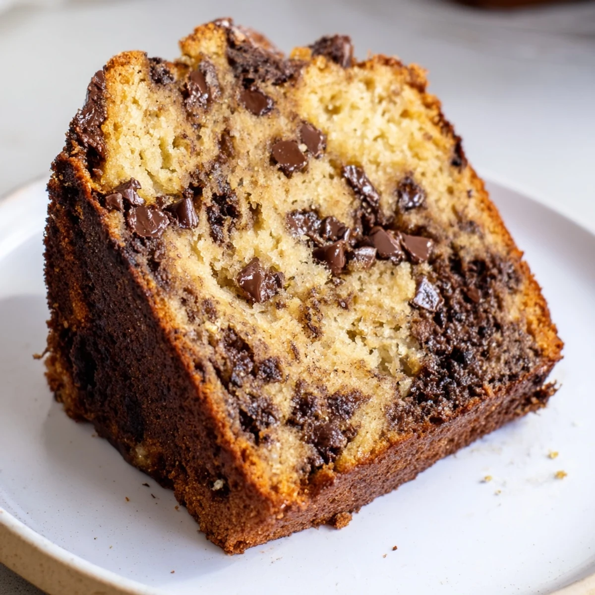 Warm Banana Chocolate Chip Cake Recipe slice topped with melting vanilla ice cream