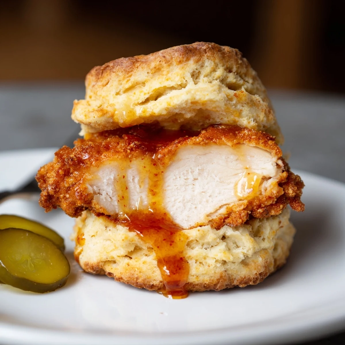 Hot Honey Chicken Biscuits with crispy fried chicken and sticky honey drizzle