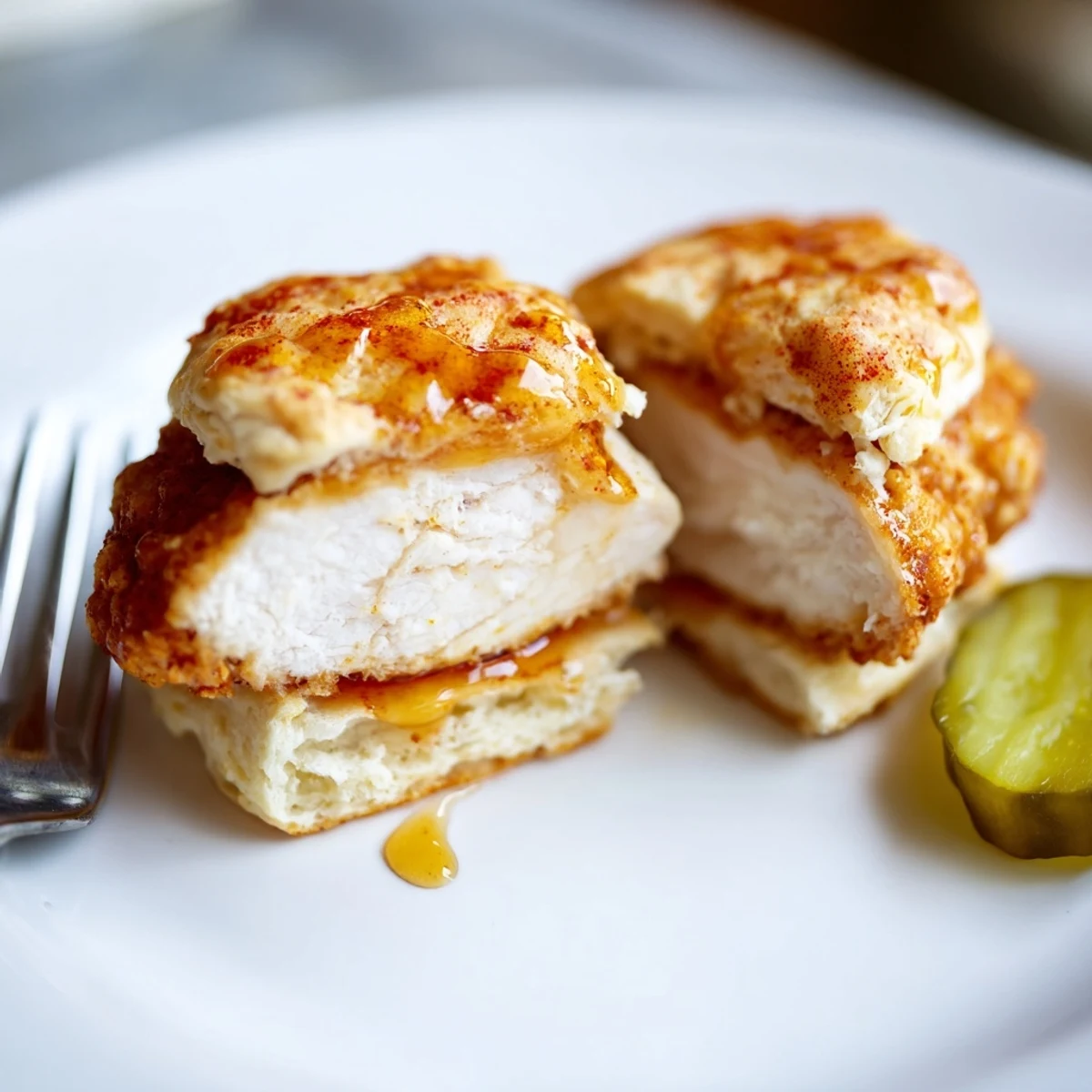 Warm Hot Honey Chicken Biscuits split open to reveal juicy chicken and pickles
