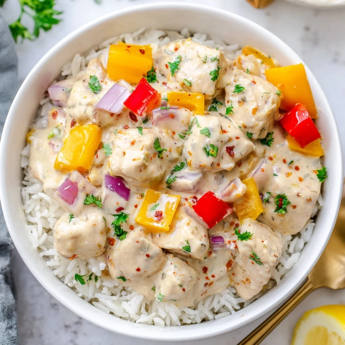 Creamy Cajun Chicken Rice Bowls with tender chicken, colorful peppers, and fragrant sauce