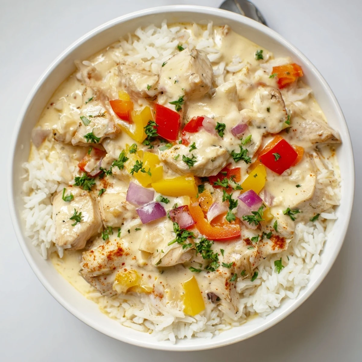 Ready to serve Creamy Cajun Chicken Rice Bowls topped with velvety sauce and parsley