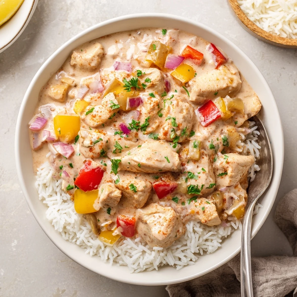 Weeknight ready Creamy Cajun Chicken Rice Bowls steaming over fluffy rice, aromatic spices