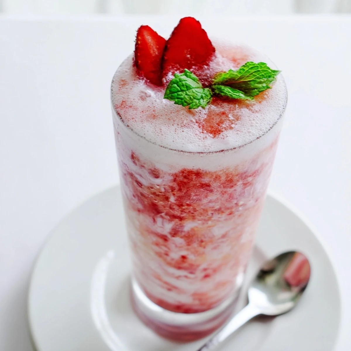 Strawberry Coconut Cooler in chilled glasses, frothy pink drink garnished with mint