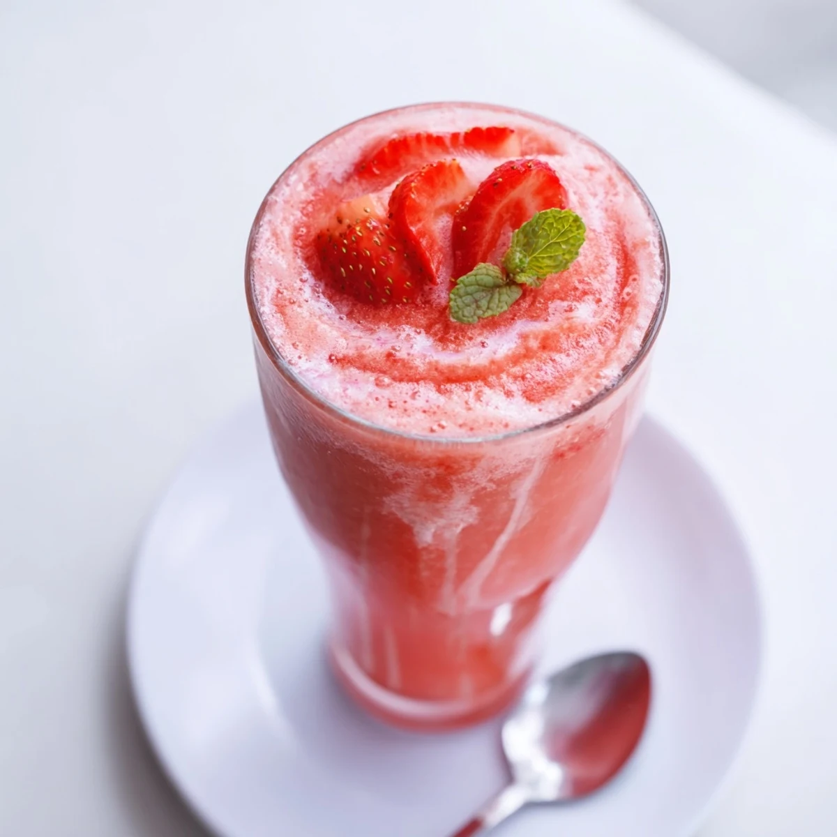 Frothy Strawberry Coconut Cooler recipe blended with coconut milk, ice, fresh strawberries