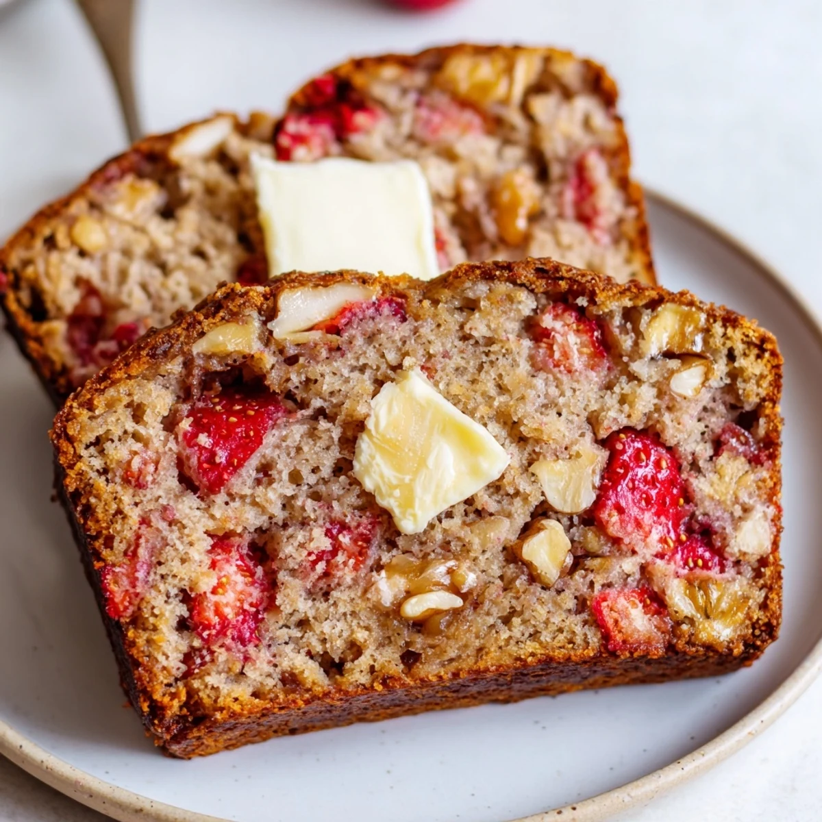 Strawberry Banana Bread Recipe showing golden loaf studded with juicy strawberries, sliced.