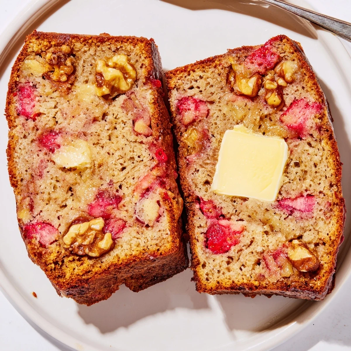 Slice of Strawberry Banana Bread Recipe on plate with honey drizzle, soft crumb.