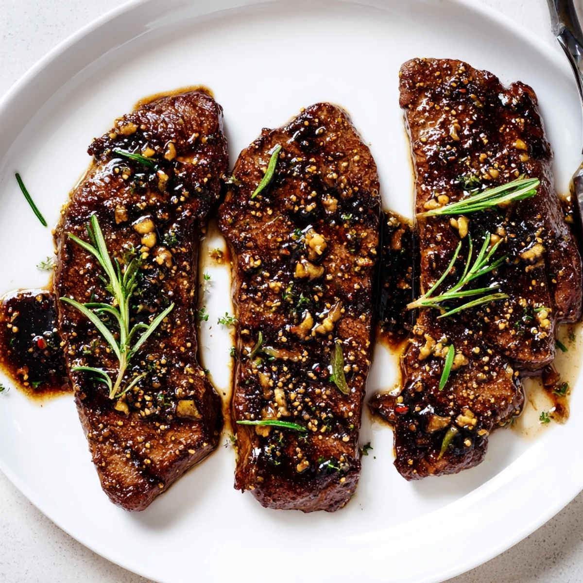 Steak Marinade glistening on flank steak, garlic aroma ready for grilling