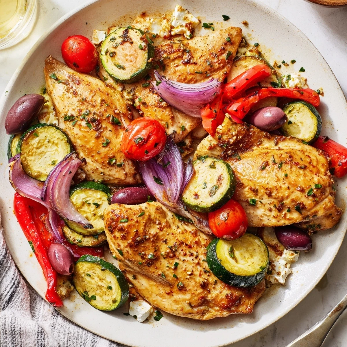 Sheet Pan Mediterranean Chicken Zucchini with golden roasted vegetables, olives, and feta