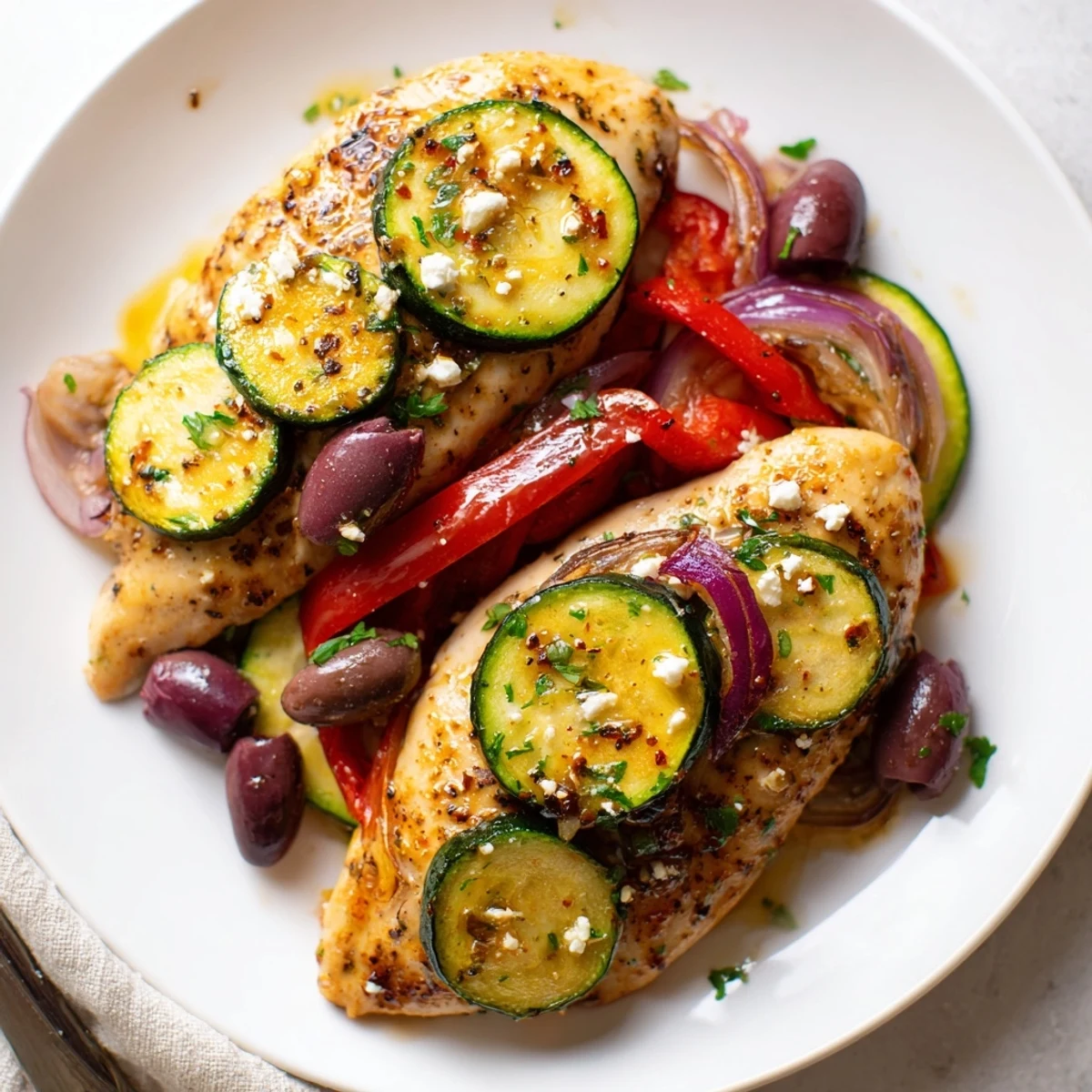 Baked Sheet Pan Mediterranean Chicken Zucchini releasing lemony juices, tender vegetable slices