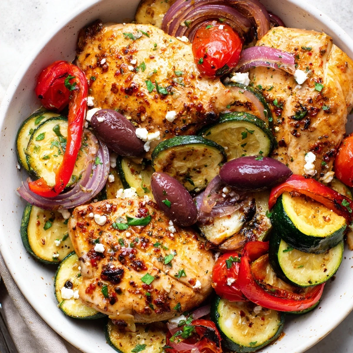 Savory roasted vegetables and olives crown Sheet Pan Mediterranean Chicken Zucchini for weeknight dinner