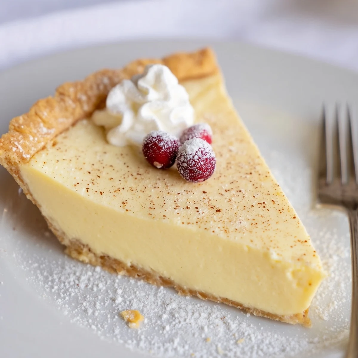 Sliced Christmas Eve Custard Pie With Cinnamon Vanilla, warm silky filling and golden crust.