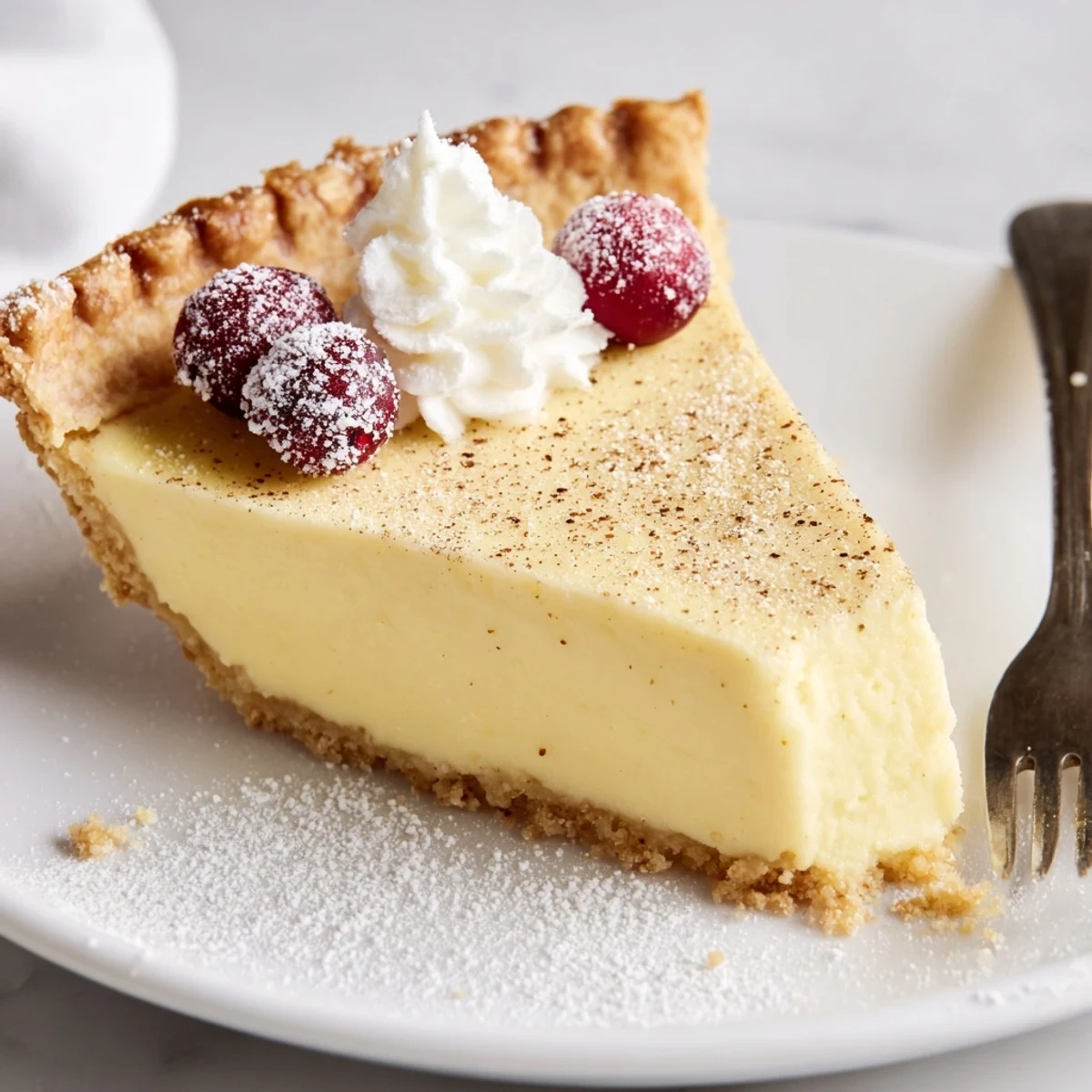 Warm slice of Christmas Eve Custard Pie With Cinnamon Vanilla served with whipped cream.