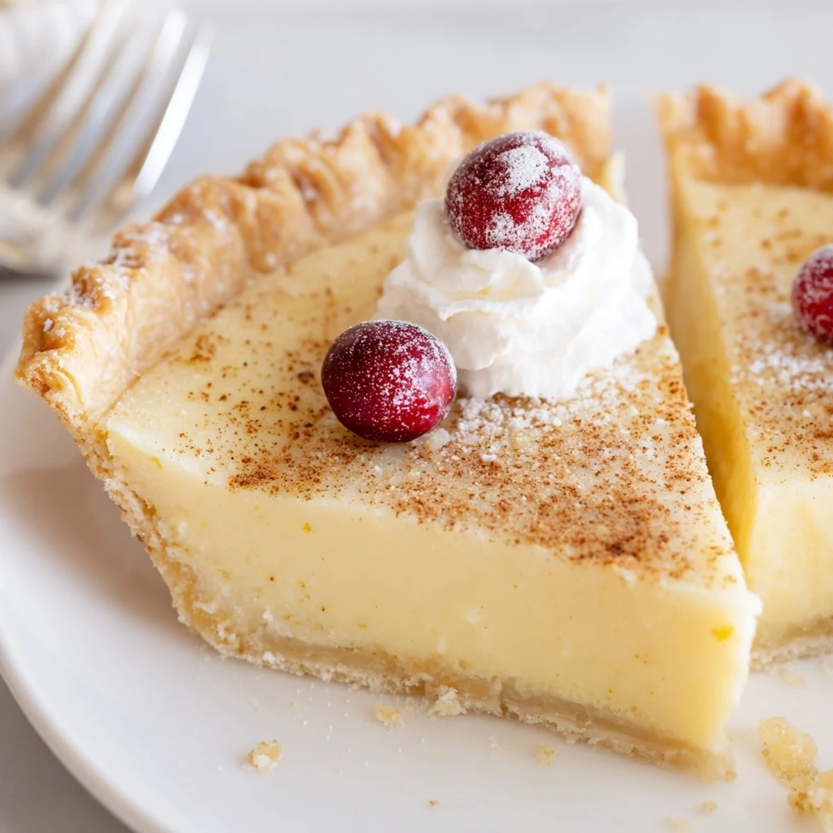Close-up of Christmas Eve Custard Pie With Cinnamon Vanilla, creamy filling and sugar dusting.