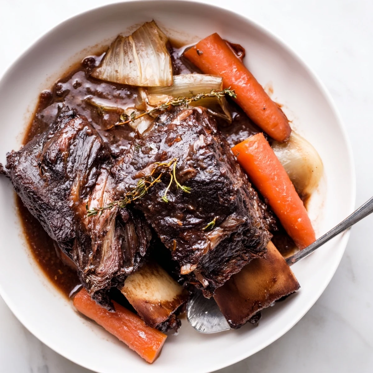 Tender Slow Cooker Beef Short Ribs falling off the bone in herb scented gravy