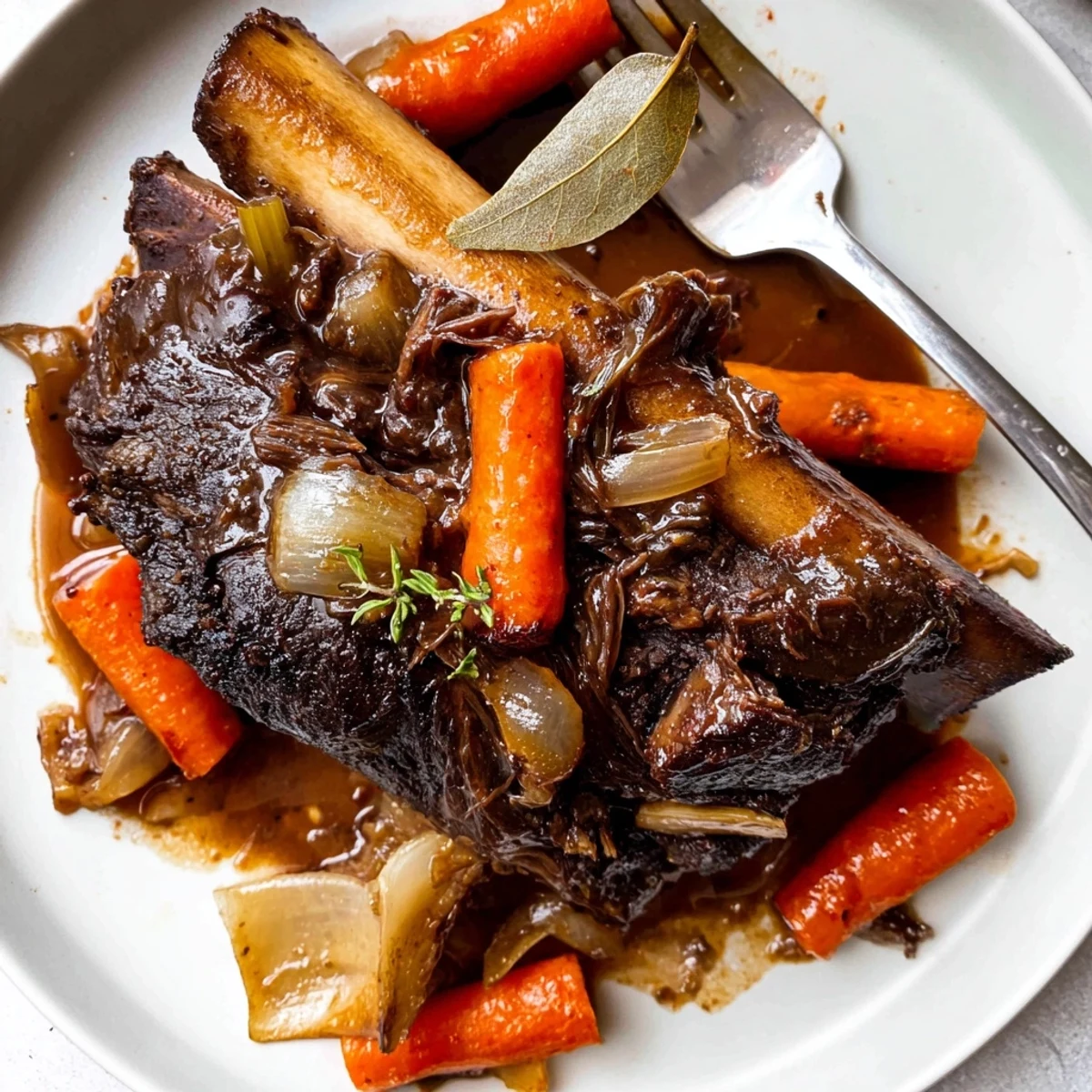 Slow Cooker Beef Short Ribs glistening in rich red wine sauce over mashed potatoes