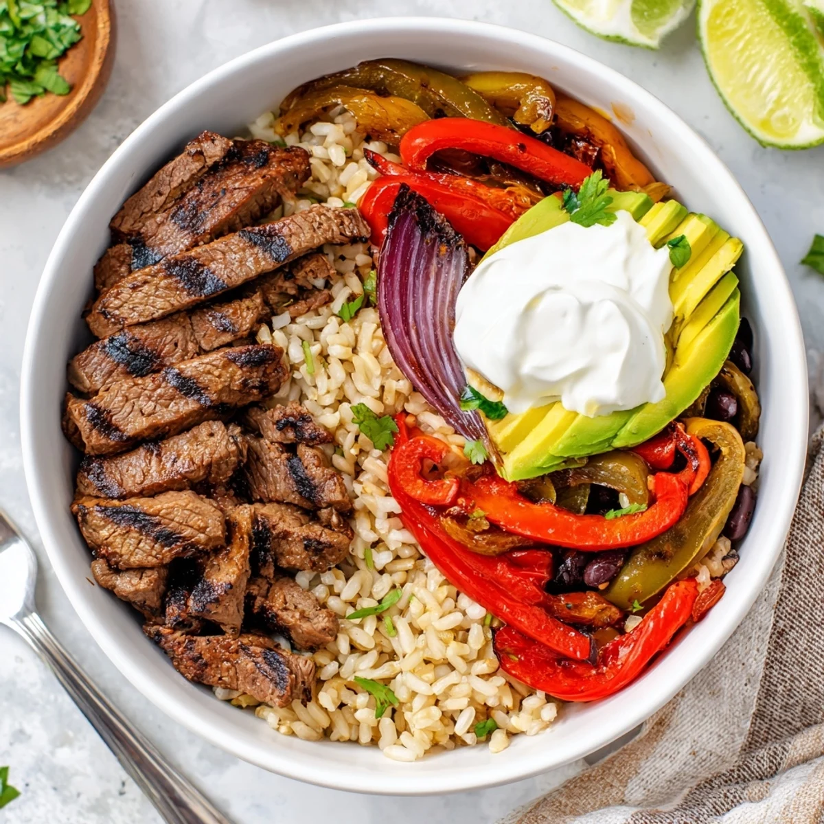 Hearty Steak Fajita Power Bowls served hot with cilantro, tangy Greek yogurt