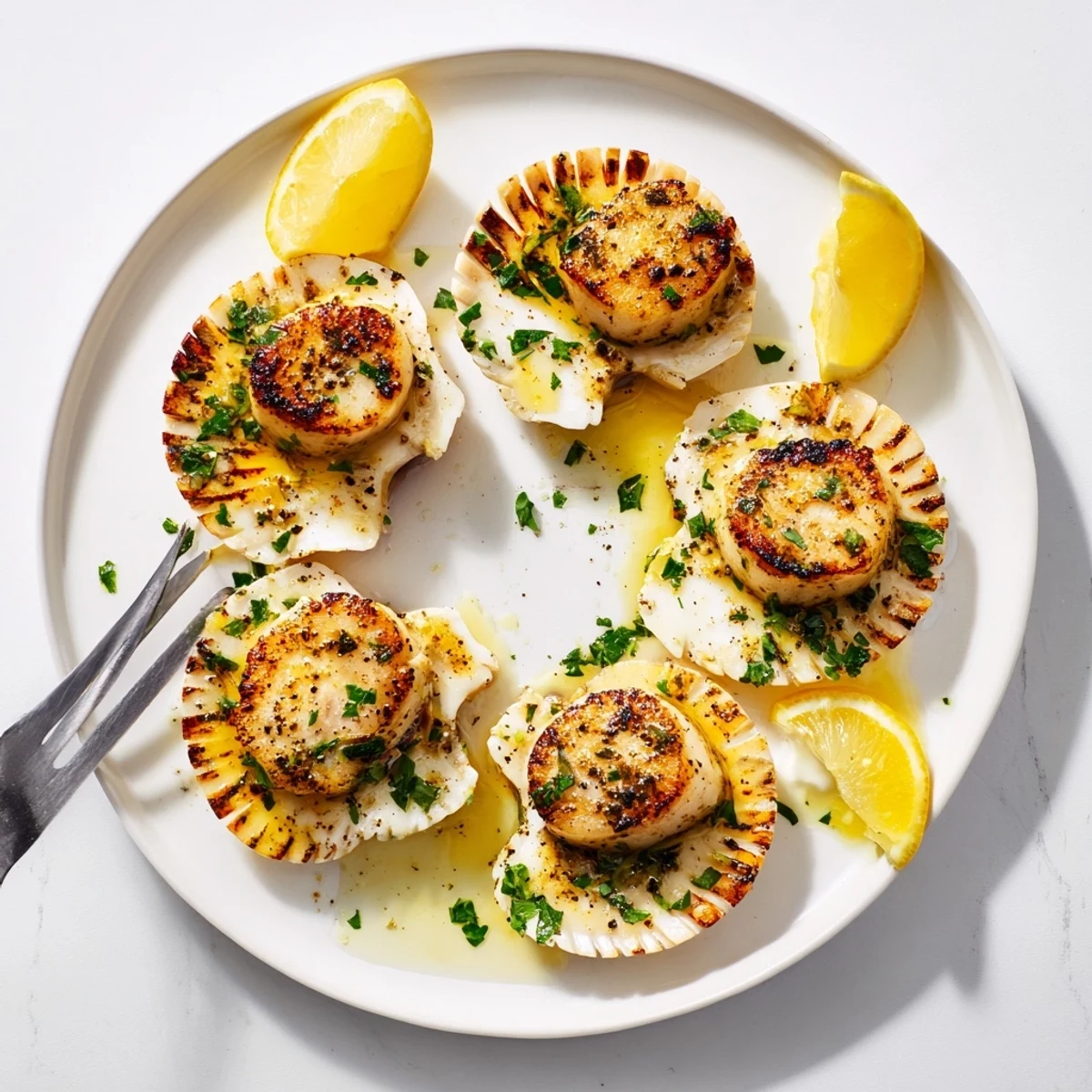 Golden seared grilled scallops recipe arranged on white platter with fresh lemon wedges