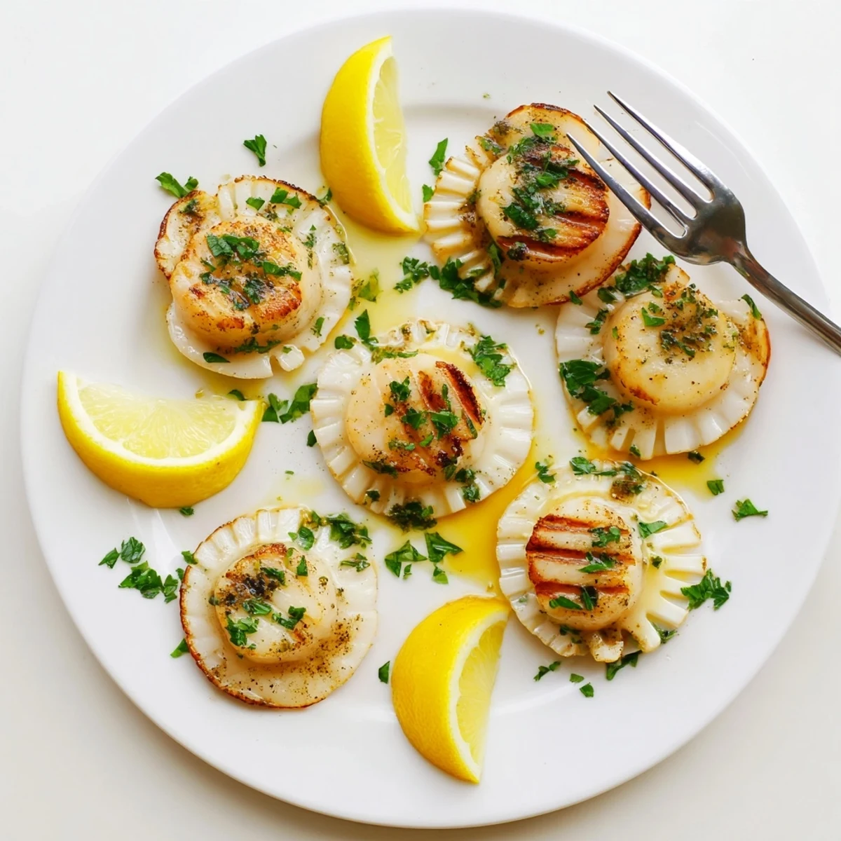 Perfectly charred grilled scallops recipe with herb marinade glistening under warm natural lighting