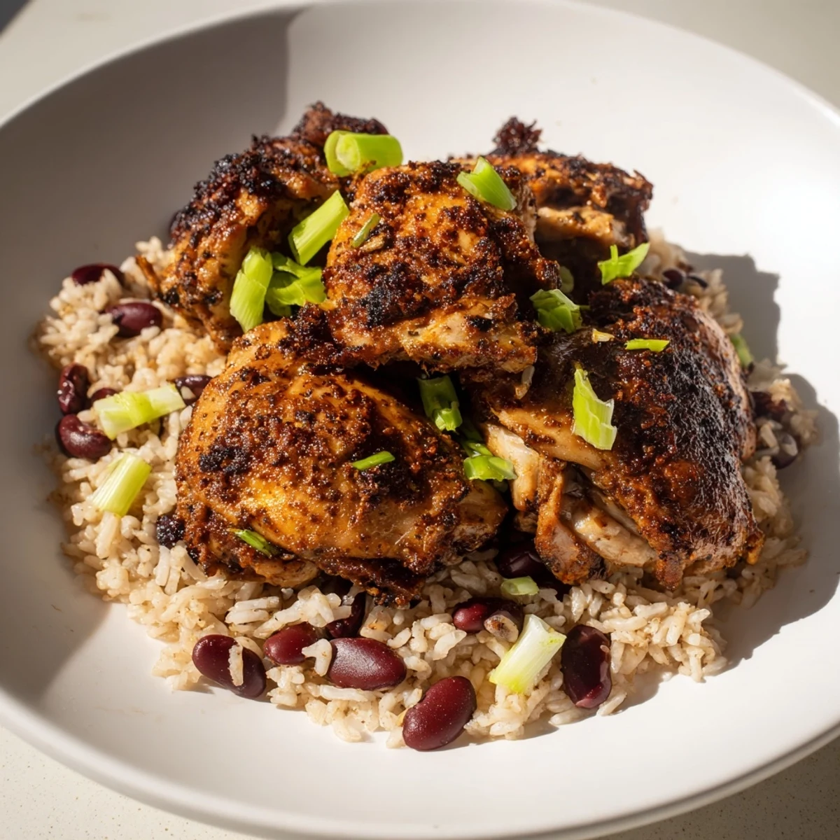 Golden brown jerk-marinated chicken thighs served over creamy coconut rice with red kidney beans