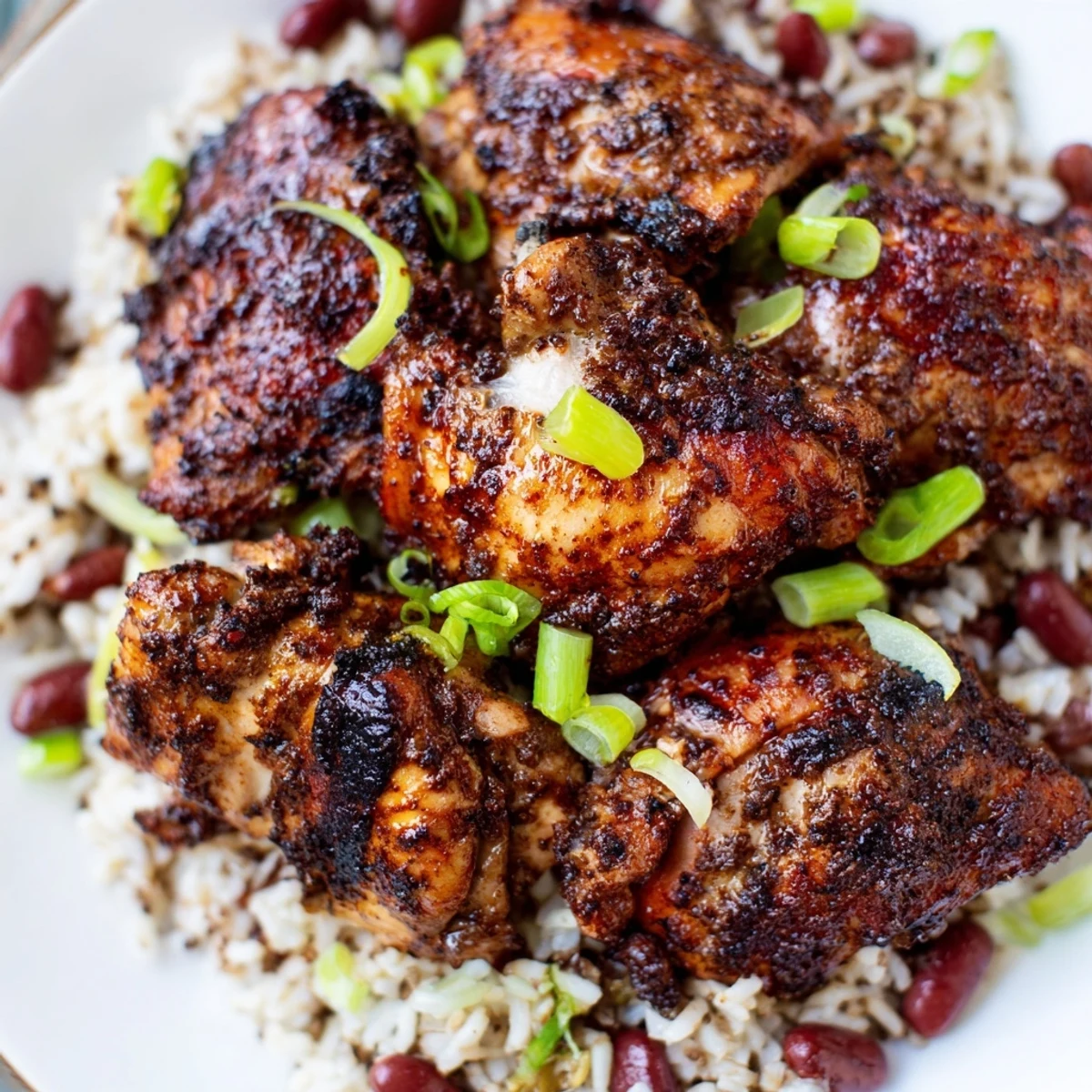 Spicy Caribbean jerk chicken and rice plated with vibrant scallions and tender baked chicken pieces