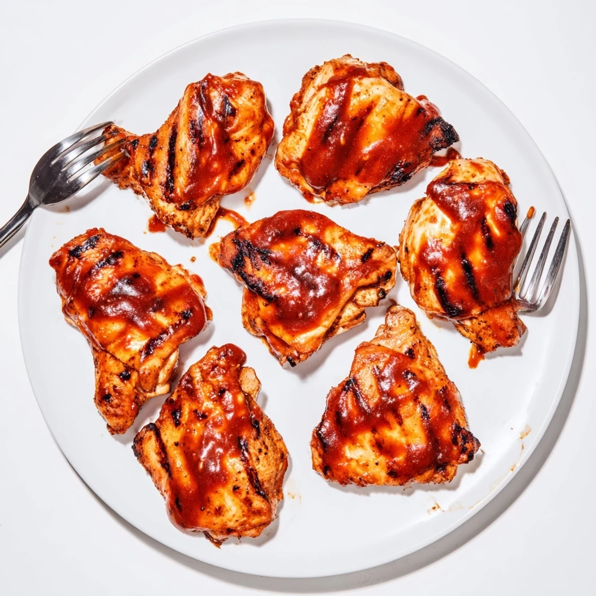 Golden BBQ chicken thighs glistening with smoky sauce, fresh off the grill