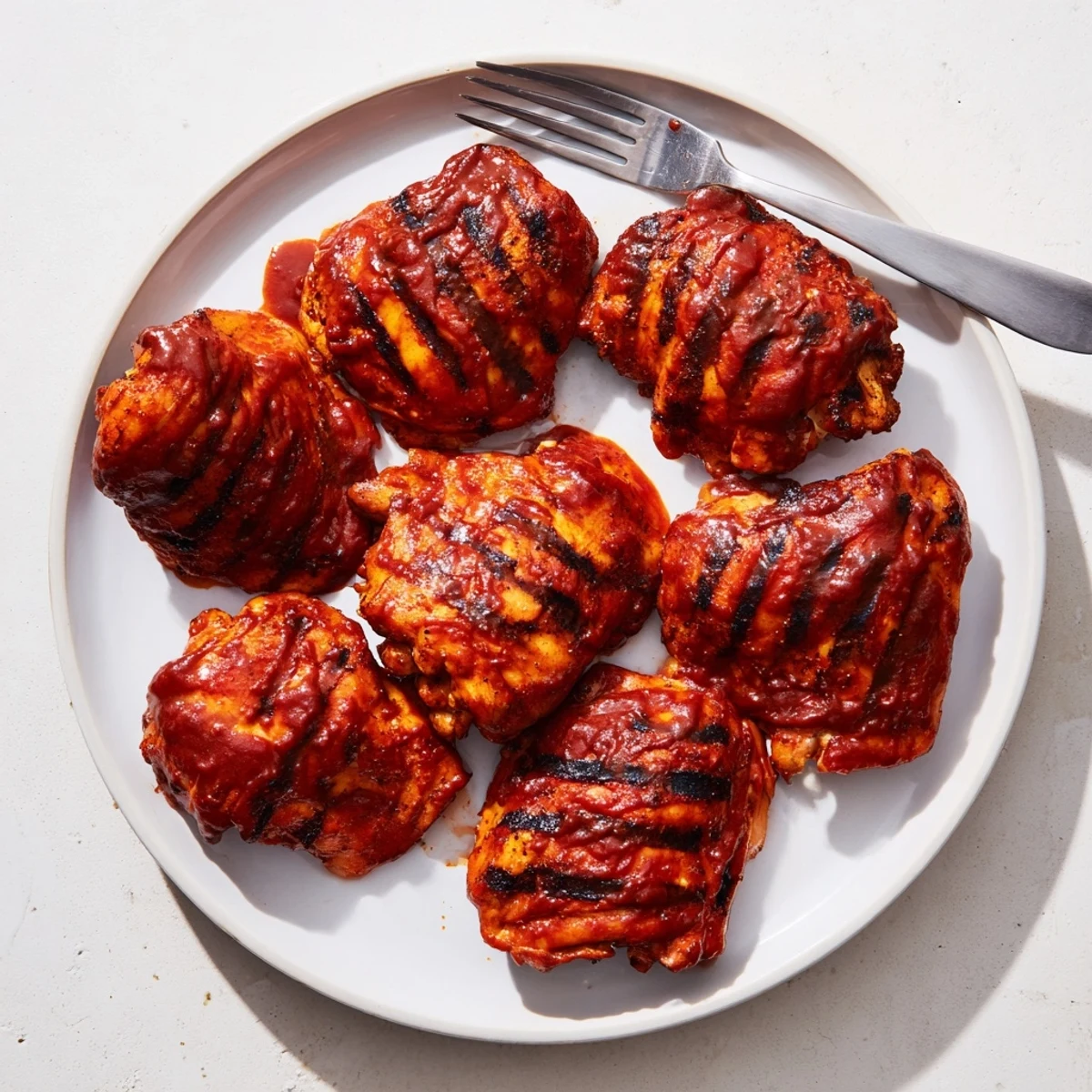 Tender oven-baked BBQ chicken thighs brushed with tangy barbecue glaze and herbs