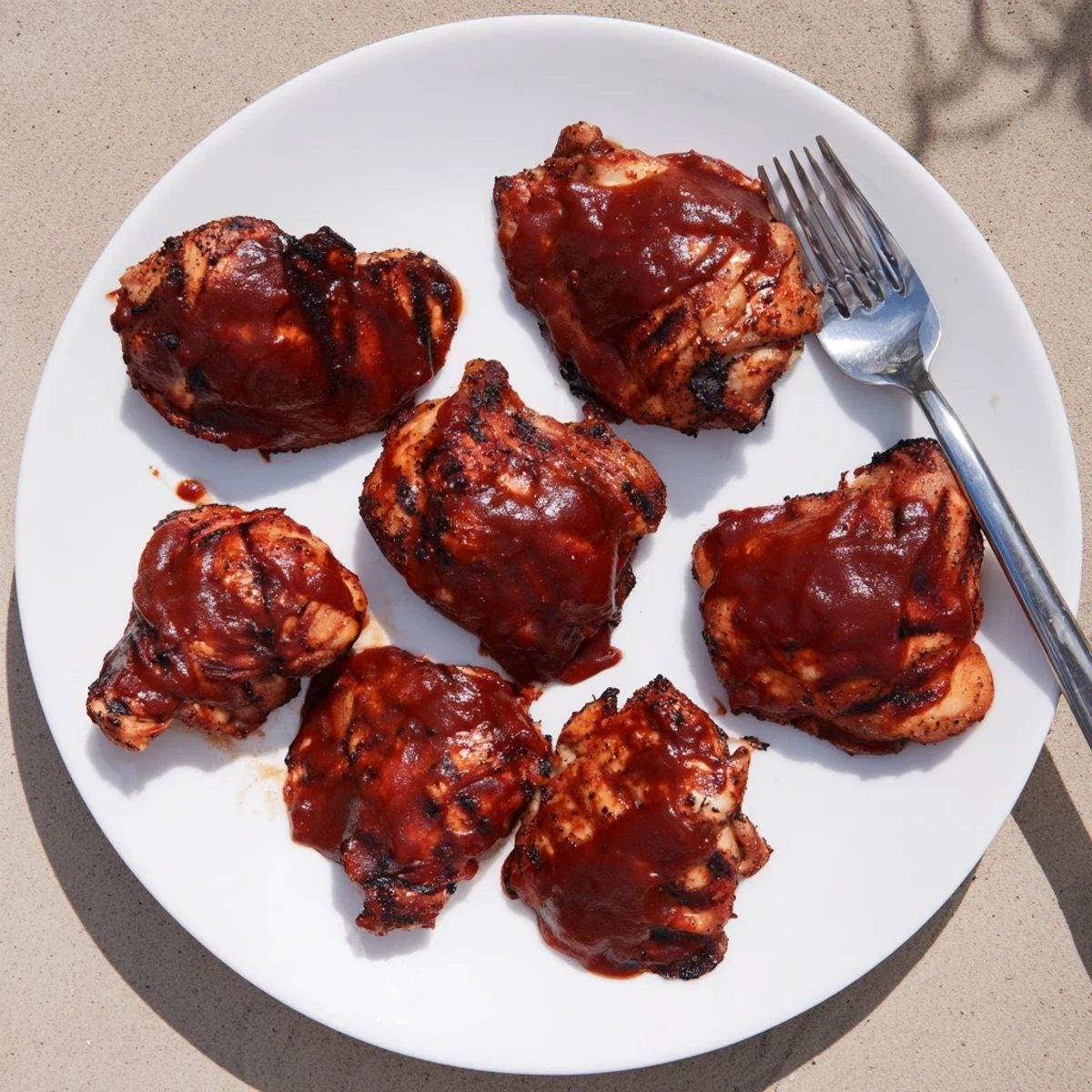Juicy grilled chicken thighs coated in rich brown sugar barbecue sauce, perfectly charred