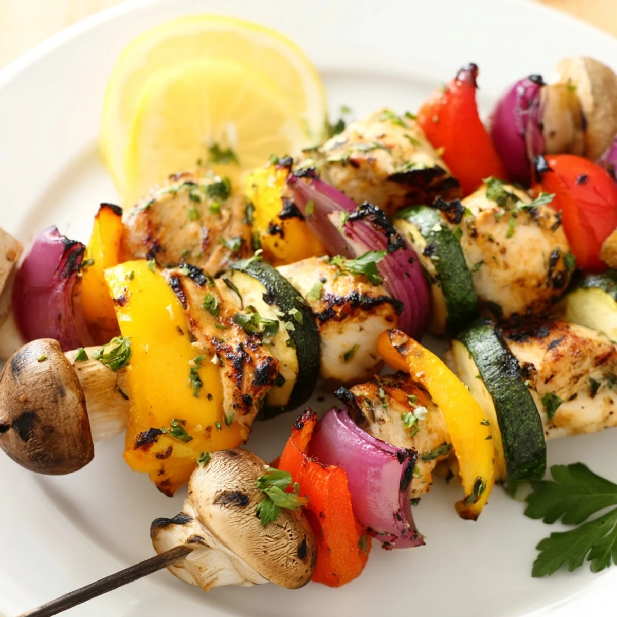 Golden grilled chicken kabobs with colorful bell peppers, zucchini, and onions on metal skewers