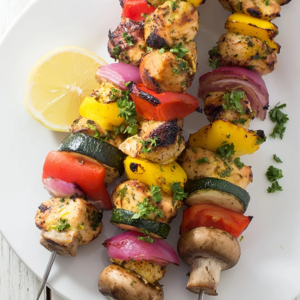 Colorful skewers of grilled chicken kabobs with tender vegetables and light grill marks