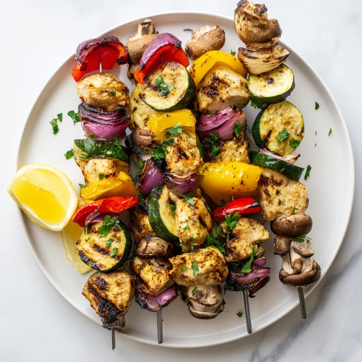 Mediterranean style grilled chicken kabobs featuring charred vegetables and juicy marinated meat pieces